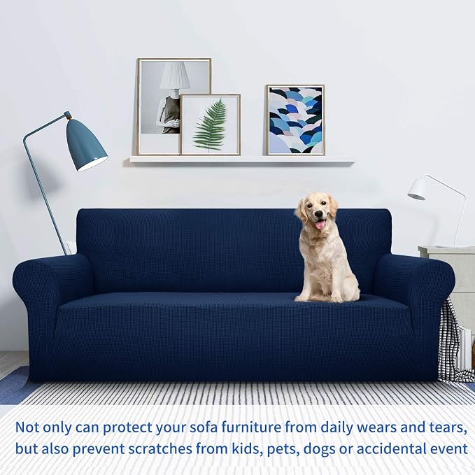 MAXIJIN Super Stretch Couch Cover for 3 Cushion Couch, 1-Piece Universal Sofa Covers Living Room Jacquard Spandex Furniture Protector Dogs Pet Friendly Fitted (Extra Large, Navy Blue) - Image 2