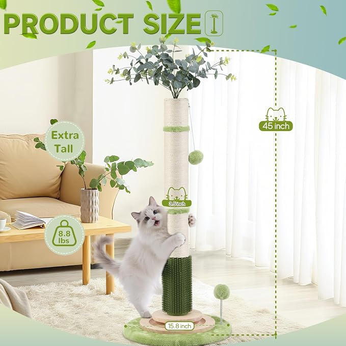 45'' Extra Tall Cat Scratching Post for Large,Heavy Duty Scratcher Tree | 3.5'' Natural Sisal,Wood Base,Climbing Pole Full Body Stretching,Artificial Flower,Stable Tower,Interactive Toy,Self Groomer - Image 2