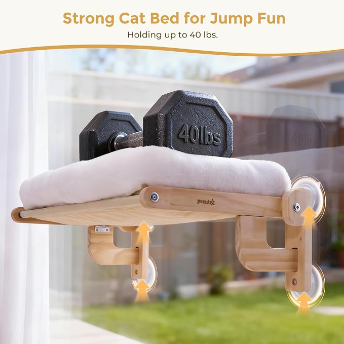 Pecute Foldable Cat Window Perch, Cloud-Soft Cat Bed with Wood Frame, 26" L | Solid Wood, Strong Suction Cup, Washable Cushion, Sided Bolster, Large Cat Hammock Indoor for Sunbathing, Bird Watching - Image 4
