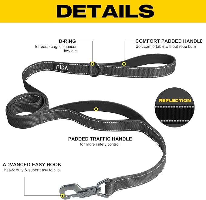 Fida Heavy Duty Dog Leash for Medium Large Dogs, 6 FT, Dual Padded Handles | Traffic Handle for Close Control, Advanced Easy Snap Hook, Reflective, Strong Nylon Webbing for Daily Walks & Training, Black - Image 2