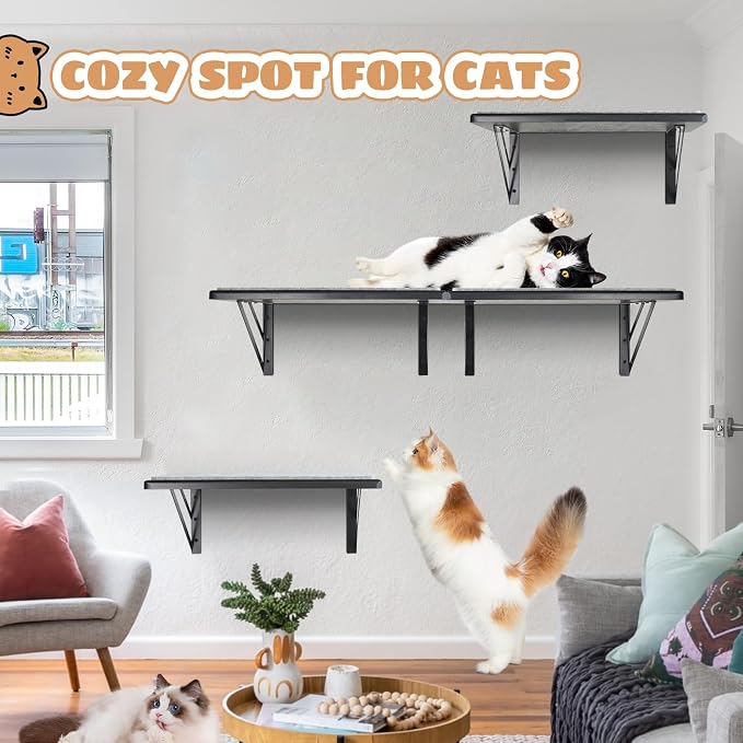 Cat Wall Shelves Set of 4, Purrfect Cat Furniture Set - 4 Piece Wooden Wall Shelves with Scratching Pad, Sleeping & Playing Area, Window Perch for Large Cats - Black - Image 4
