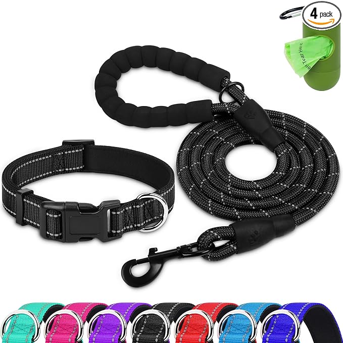 Dynmeow Reflective Dog Collar and Leash Set for Puppy Small Dogs, Black | Soft Neoprene Padded, 6FT Climbing Rope, Ideal for Daily Outdoor Walking or Indoor Wearing, Night Visible for Safety by Dynmeow