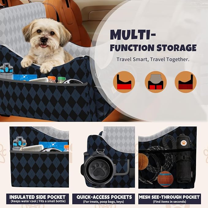 Dog Car Seat for Small/Medium Dogs up to 35lbs, 4-Pocket Storage Memory Foam Dog Booster Seat, Detachable Washable Pet Car Seat with Safety Belt, Outdoor & Indoor Use (Dark Blue/Black) - Image 2
