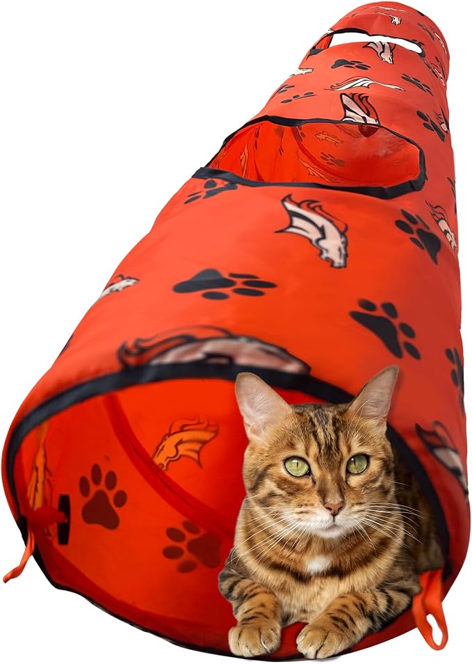 NFL Denver Broncos Cat Tunnel Tube Toy with Plush Football Catnip and Feathers Collapsible Tunnel for Cats to Play, Peek and Hide, Sporty & Fun Cat Tunnel Toy with Team Logo All-Over Design! by PETSFIRST