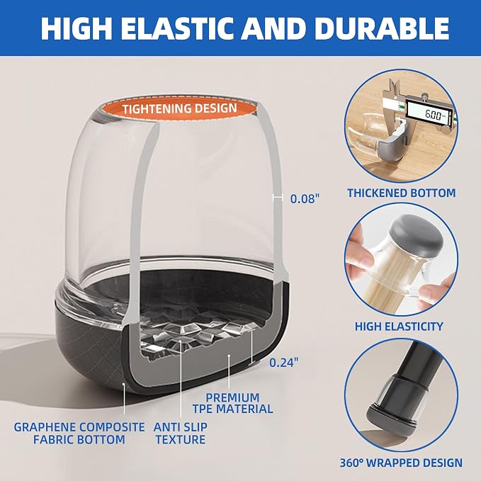 Extra Small Chair Leg Floor Protectors, Pet Hair Resistant, Fit 0.6"-0.8" | Chair Leg Caps for Carpet Hardwood Floors, Clear Furniture Feet Covers with Graphene Fabric Bottom, Reduce Noise-16PCS - Image 4