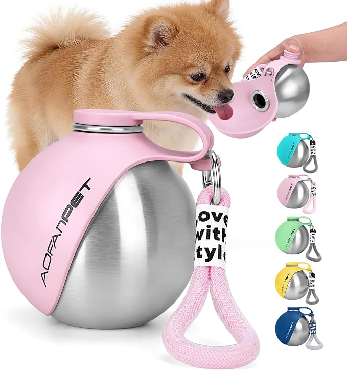 Portable Dog Water Bottle 10oz Stainless Steel Travel Dog Water Dispenser with Bowl No-Spill Puppy Water Bottle for Walking Hiking Small Dog Water Bottle by AOFANPET