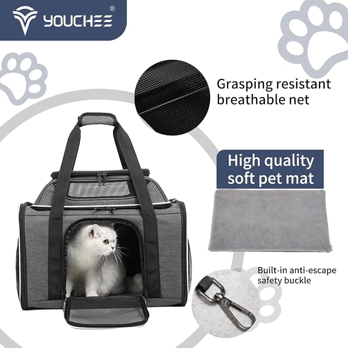 19" Large Pet Carrier for Cats & Small Dogs up to 25 lbs, Airline Approved Soft-Sided Dog Travel Bag, Top Expandable with Breathable Mesh, Washable Liner & Safety Tether. (Grey) - Image 5