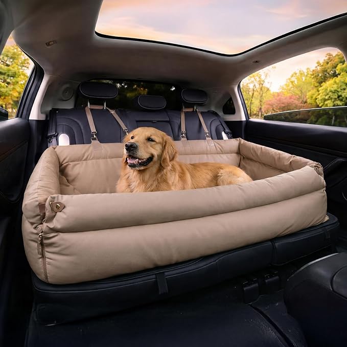 FUNNY FUZZY Leather Dog Car Seat for Large Size Dogs, Pet Booster Car Seats | Waterproof Car Seat with Safety Clip-On Leash, Soft Fabric Car Dog Bed Filling Memory Cotton, Washable Travel Pet Bed(Khaki) by FUNNYFUZZY