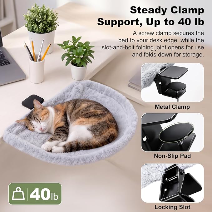 Cat Desk Bed, Clamp-On Desk Hammock, 40 lb, Fits 0.78-2.95 in | Gray faux rabbit fur bed for work or gaming desks not for glass desktops removable machine washable cover - Image 4