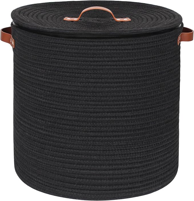 Storage Basket with Lid, 15"x13" Round Woven Blanket Storage for Living Room, Decorative Cotton Rope Hamper with Zipper Top, Black Laundry Basket with Lid, Floor Covered Kids Dog Toy Bin Box by Unknown