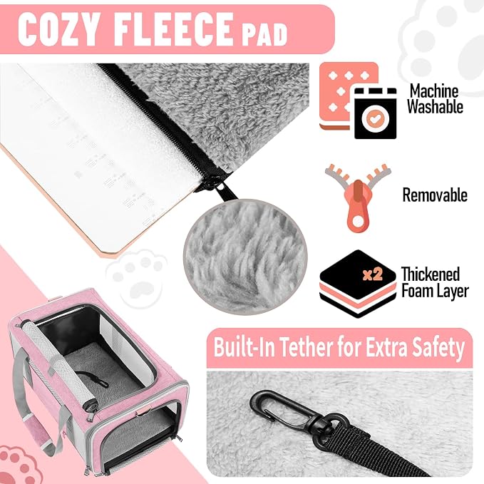 GAPZER Large Cat Carrier Soft, Collapsible Travel Pet Carry Bag, Small Dogs | Big Kitten Cat 20lbs Mainecoon, Top Open Travel Shih-Tzu Pet Kennel, Yorkie Small Dog 10 Pounds, 18x12x12, Durable Cloth Pink - Image 3