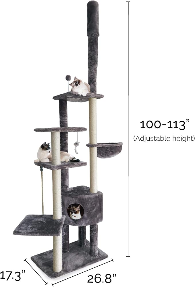 Furhaven 100"-113" Tall Cat Tree for Indoor Cats w/ Adjustable Height, Ft. Sisal Scratching Posts, Condo, & Toys - Tiger Tough Skyscraper Interactive Playground Tower - Gray, One Size - Image 3