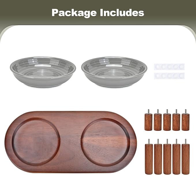 SPUNKYJUNKY Shallow Elevated Cat Bowl with Acacia Wood Stand Wide Raised Ceramic Cat Dishes Whisker Friendly Pet Food and Water Plates (Striped Pattern, Gray) - Image 7