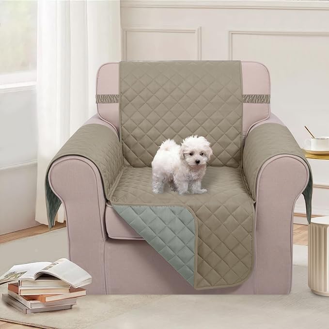 U-NICE HOME Reversible Recliner Chair Covers, Khaki/Light Grey | 23''Armchair Cover for dogs Washable, Pet Friendly, Elastic Straps, Water Repellent, Diamond Quilted - Image 2
