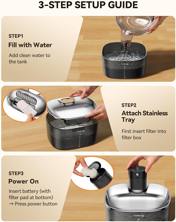 FEELNEEDY Wireless Cat Water Fountain, No Pump for Easy Cleaning, 4000mAh Detachable & Rechargeable Battery, Motion Sensor with Low Water & Power Alerts - Includes 6 Filters (4L/135oz) - Image 8