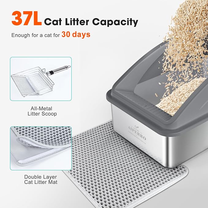 AIPERRO Stainless Steel Litter Box | XL Metal Cat Litter Boxs with Lid | Enclosed High Sided for Big Cats | Anti-Urine Leakage | Non-Stick & Easy to Clean with Litter Mat & Metal Scoop (Dark Gray) - Image 8