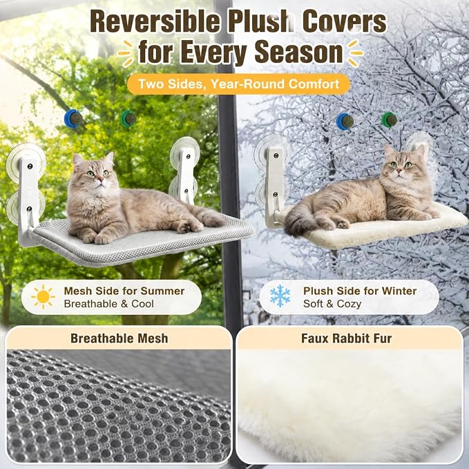 Cat Window Perch Hammock with 2 Washable Plush Covers, Cozy Window Bed for Cats with Catnip Toys, Window Mounted Cat Bed for Indoor Cats to Sunbathe and Relax - Image 7