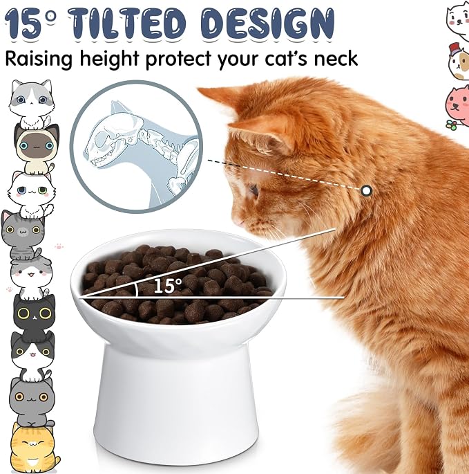 4 Pcs Ceramic Raised Cat Bowls, Elevated Tilted Cat Bowl for Food Water, Stress Free, Backflow Prevention, Dishwasher Microwave Safe, Feeder Dish for Indoor Kitten, Small Dogs(White) - Image 3