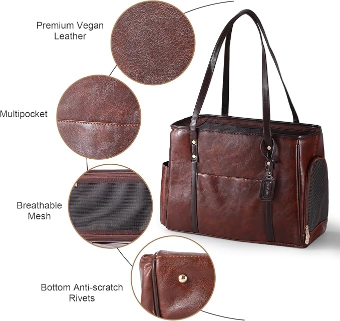 Fashion Dog Carrier Purse, Premium Leather Cat Carrier Bag, Airline Approved Soft Sided Pet Travel Tote Bag with Pockets Coffee - Image 4