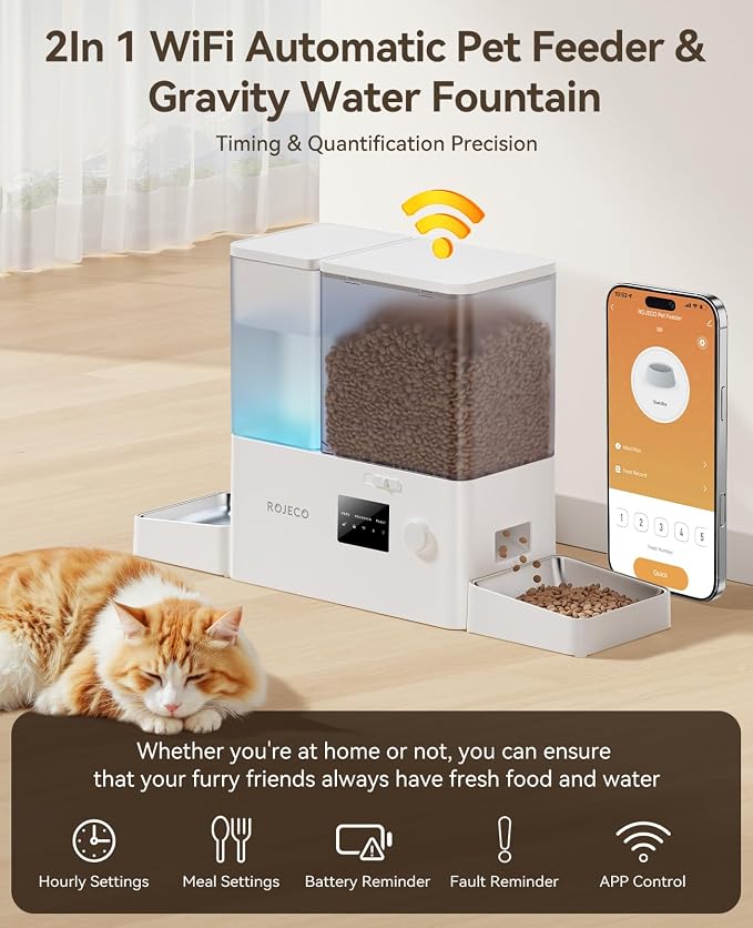 ROJECO 2-in-1 Automatic Cat Feeder & Water Dispenser,WiFi Control Feeding | 2.4G WiFi APP/Timed Feeding/5L Food Feeder,3.5L Water Fountain/Stainless Steel Bowls/Detachable Clean/White - Image 4