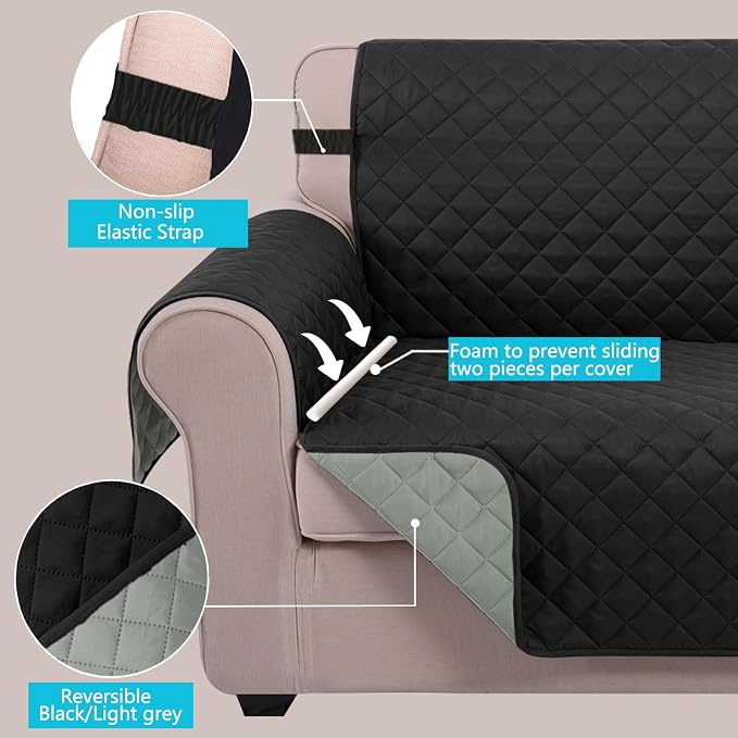 U-NICE HOME Reversible Recliner Chair Covers, Black/Grey | 23''Armchair Cover for dogs Washable, Pet Friendly, Elastic Straps, Water Repellent, Diamond Quilted - Image 3