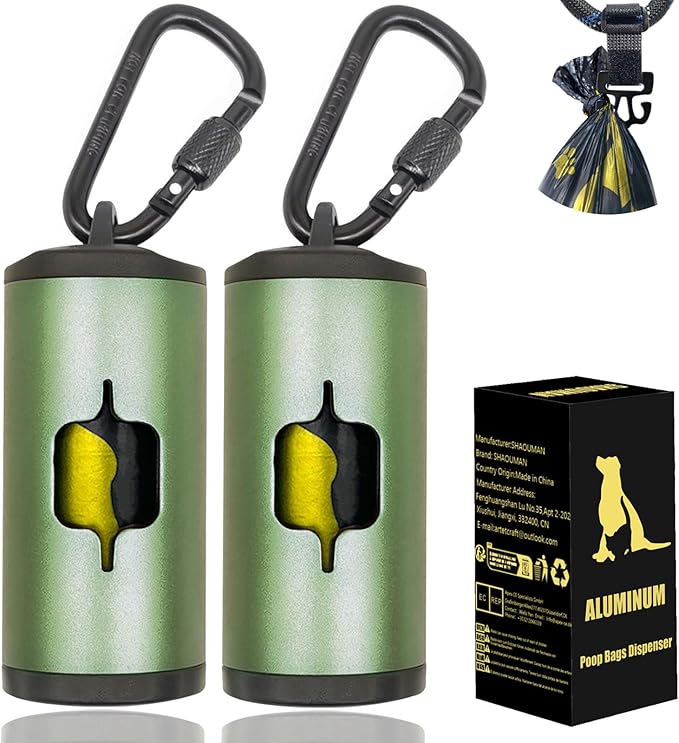 Metal Dog Poop Bag Holder 2-Pack w/Leash Clip|Durable Scratch-Resistant Aluminum|30 Bags+6 Accessories（Dark Green） by SHAOUMAN