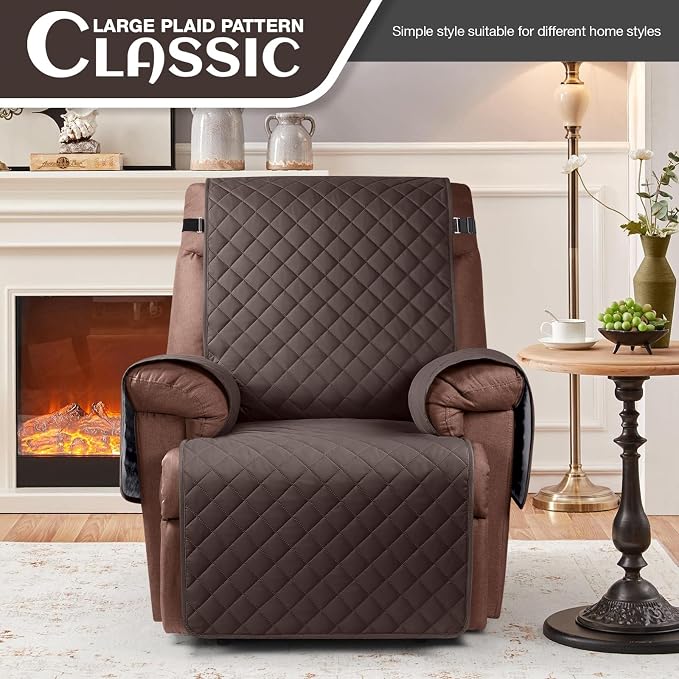 KinCam 100% Waterproof Recliner Chair Covers Washable, 25", Chocolate | Anti Slip Reclining Couch Covers for Pets Dog, Recliner Sofa Slipcover Storage Pocket, Furniture Protector with Elastic Strap - Image 2