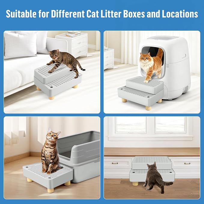 Extra Large 2 Steps Cat Litter Box Step Ramp, Cat Litter Catcher Mat with Wooden Feet, Filter Function, Cat's Pedal Stool for Self-Cleaning Litter, Suitable Kitten & Elderly Cats (Light Grey) - Image 6
