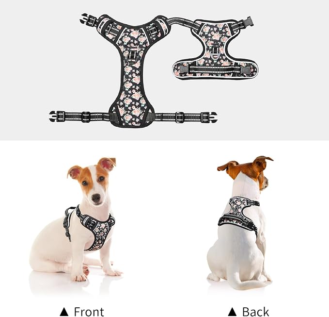 Timos Small Dog Harness, No Pull No Choke, Easy On & Off, Black Rose, S | Adjustable Reflective Soft Padded, Neck Quick Release with 3 Buckles, Front & Back 2 Clips and Handle for Walking Training - Image 5