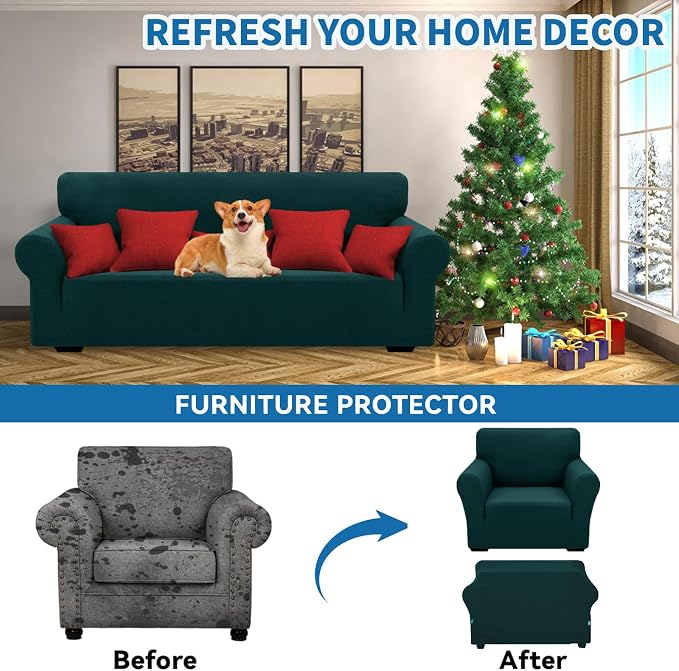 XINEAGE Stretch Jacquard Armchair Cover, Non Slip Sofa Slipcover for Dog | High-Stretch Fabric. Wear-Resistant, Pet Friendly. Easy Install & Washable for Living Rooms, Offices.Blackish Green - Image 4