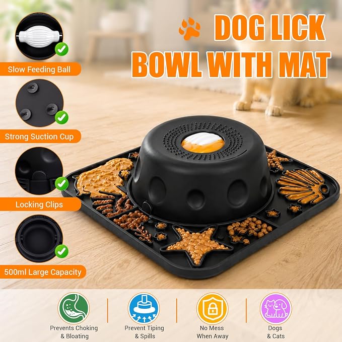 Large Dog Lick Bowl with Rolling Ball, 500ML Slow Feeder Bowl with Lick Mat | 2 In 1 Anti-Slip Silicone Dog Lick Bowl for Liquid and Thick Treat, Anxiety Relief & Interactive - Image 2