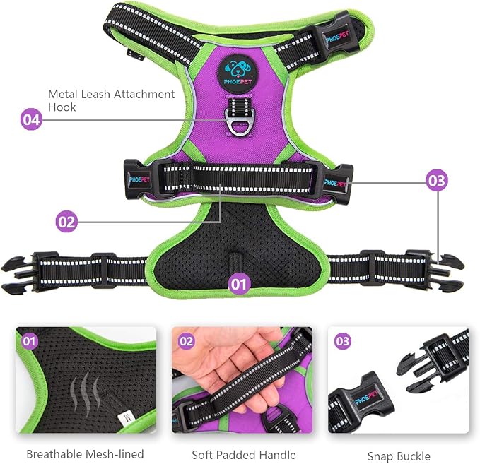 Reflective Dog Harness Large Breed Adjustable No Pull Vest with with Handle 2 Metal Rings 3 Buckles [Easy to Put on & Take Off](XL, Purple) - Image 3