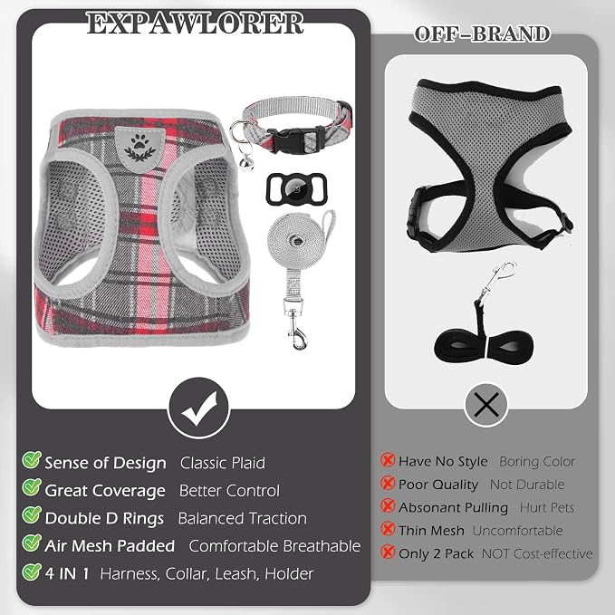 Classic Plaid Puppy Harness - Small Dog Harness and Leash Set - Dog Collar and Leash Set with AirTag Holder, Soft Padded Step in Dog Vest Harness No Pull Reflective for Outdoor, Grey XXS - Image 5