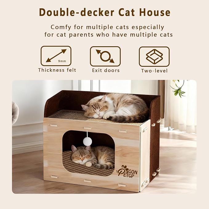 Cat Houses for Indoor Cats, Two-Story Cat Bed Cube for Multiple Small Kittens, Removable Felt Cat Cave Hideaway Condo with Fluffy Ball, Scratch Pad - Image 3