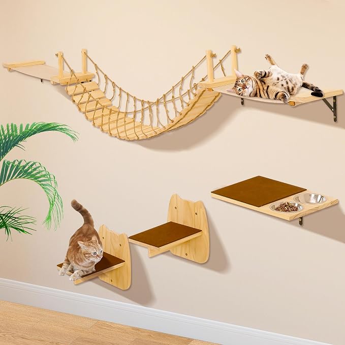 Calmbee Cat Wall Shelves, Cat Wall Furniture 70" Cat Bridge Wall Mount Cat Perch Wooden Hammock Cat Tree Cat Climber Cat Cloud Shelf Board Cats Bed - Image 4