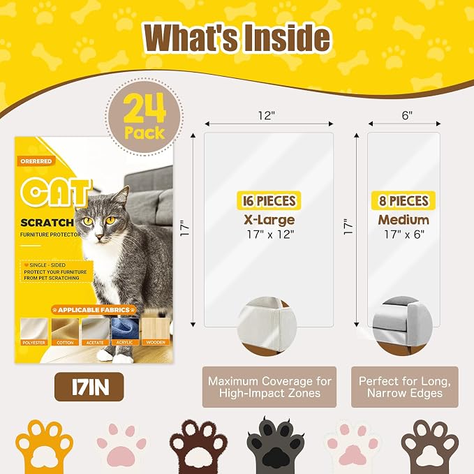 Large Cat Scratch Furniture Protector Couch Protector Sofa Corner 17"-24Pcs | Self-Adhesive, Thickened Clear PVC Shield, Residue-Free Peel & Stick, Trimmable Custom Sizes, Safe Scratching Deterrent - Image 6