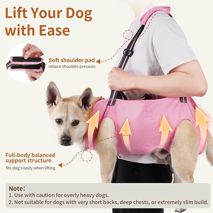 Full Body Dog Lift Harness, Support Senior & Disabled Dogs Walking | Help Up & Down Stairs Grooming, Dog Sling Backpack, Front Hind Leg Joint Injuries, Reflective, Soft Padded Handle | Pink, L - Image 2