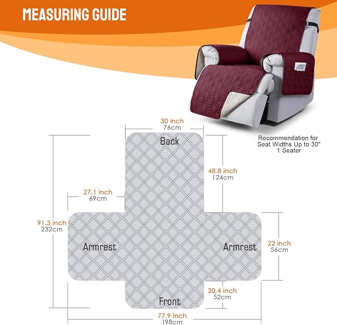 VANSOFY 100% Waterproof Recliner Chair Covers Washable, Burgundy, 30" | Non-Slip, Slipcover with Pocket, Furniture Protector, Elastic Straps, Chair Cover for Pets, Dogs - Image 2