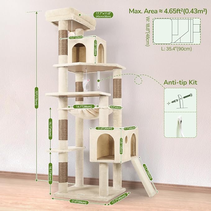 Globlazer Heavy Duty Cat Tree Tower, 70inch Sturdy Cat Tree for Indoor Cats Sturdy Large Cat Tower with Scratching Post and Scratching Board, Hammock, Cat Condo for Adult Cats Kittens, F70 Pro, Beige - Image 6
