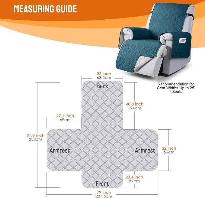 VANSOFY 100% Waterproof Recliner Chair Covers Washable, Peacock Blue, 25" | Non-Slip, Slipcover with Pocket, Furniture Protector, Elastic Straps, Chair Cover for Pets, Dogs - Image 2