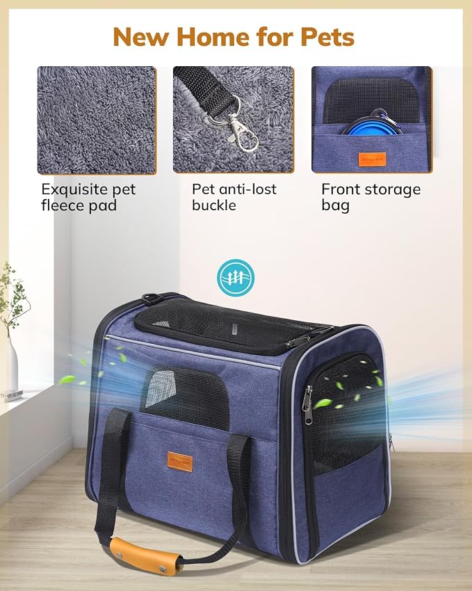Morpilot Cat Carrier Soft for Large Medium Cats and Puppy up to 20lbs | with Dual-Sided Cushion, Secure Buckle and Foldable Bowl, Dog Carriers for Small Dogs - Pet Carrier (Dark Blue) - Image 4