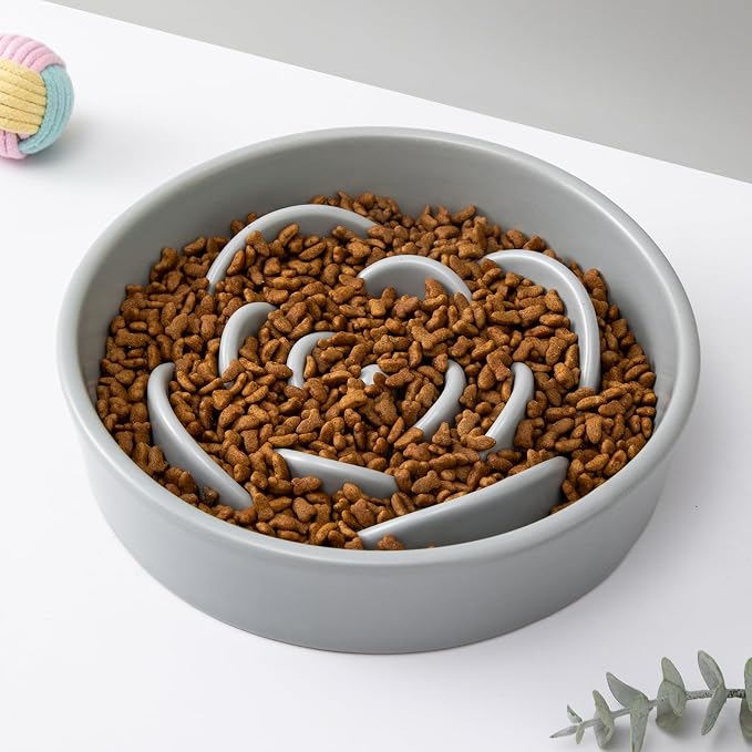 8.25'' Ceramic Slow Feeder Dog Bowls - Petal Shape Modern Dog Food Dish for Medium and Large Breeds, Puzzle Maze Bowl to Slow Down Eating, Anti-Gulping, Dishwasher & Microwave Safe, Grey - Image 7