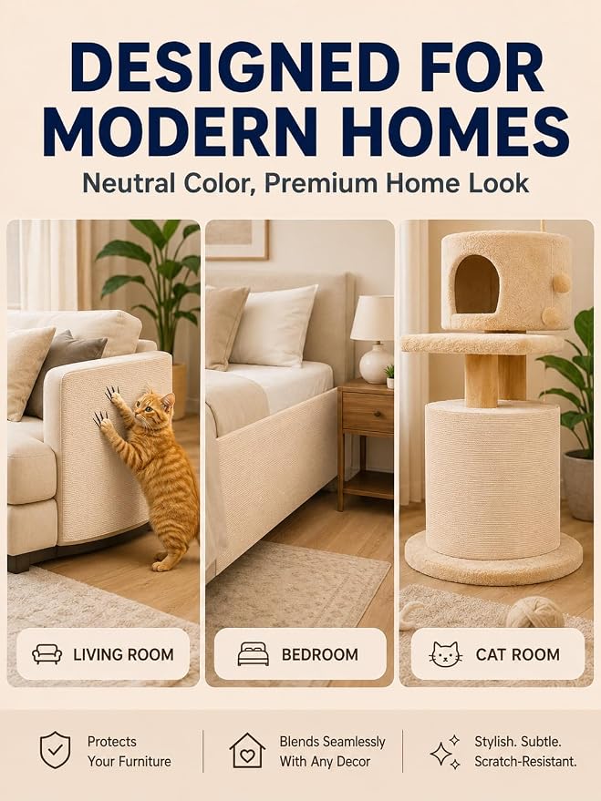 TLNNK 78.7"x15.8" Cat Scratch Furniture Protector - Beige | Less Claw Damage, Easier Scratch-zone Setup, Worn Post Refresh, Cleaner Couch Corners, Softer Look for Cat Homes - Image 5