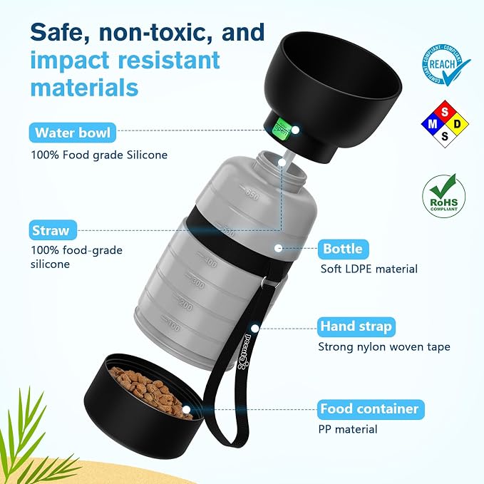 Pecute Upgraded 22 oz Dog Water Bottle with 5 oz Food Container, Portable Dog Travel Water Bottle Dispenser, Leakproof, BPA Free, Lightweight, Pet Water Bottle Bowl for Outdoor Walking Hiking Camping | BPA Free, Portable, Leakproof, includes Foldable B... - Image 3