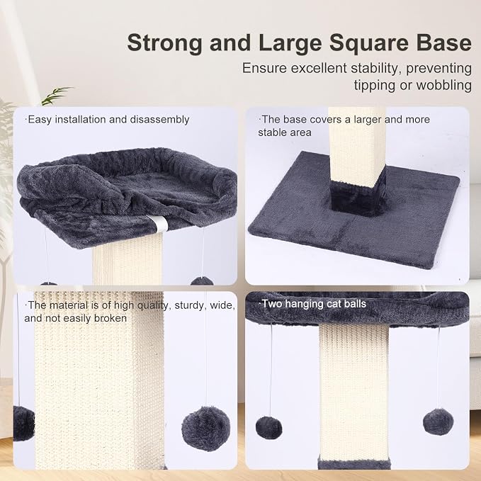 34" Cat Scratching Post for Indoor Cats, Sisal Cat Scratcher with Large Plush Perch, Vertical Posts with Elevated Bed and with Two Dangling Balls, Removable & Washable Cover, Dark Grey - Image 5