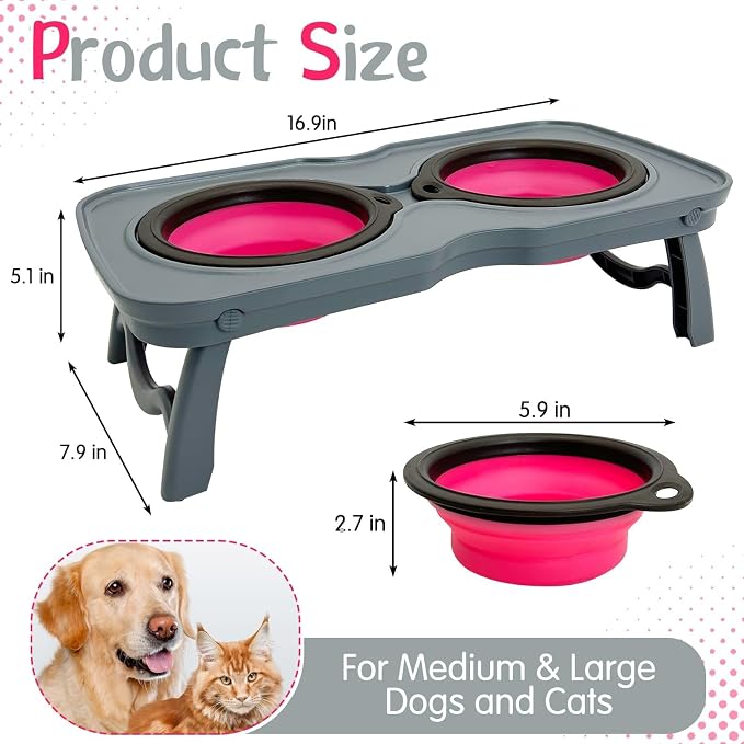 PINVNBY Elevated Dog Bowls Portable Raised Dog Bowl Stand with 2 Collapsible Silicone Food Bowl Non-Slip Travel Bowls for Medium Dogs and Cats (16.9" L x 7.9" W x 5.1" H) - Image 2