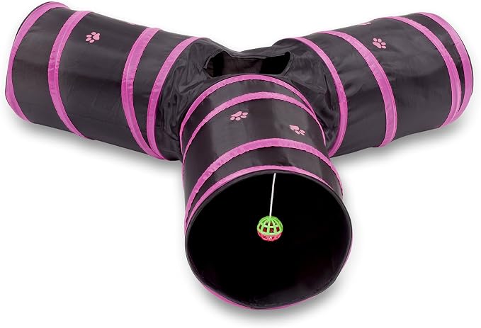 Cat Tunnel - Collapsible 3 Way Play Toy - Interactive Tube Toys for Rabbits, Kittens, and Dogs - Black/Pink - Image 2