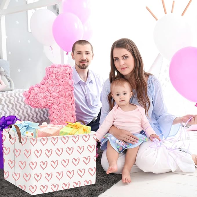FXOLCSHE Rectangular Valentines Basket,baby Gift Baskets Empty,Pink Gift basket with Handle Organizer,Heart Print easter Baskets,Girl Room Decor(Pink hearts) - Image 4