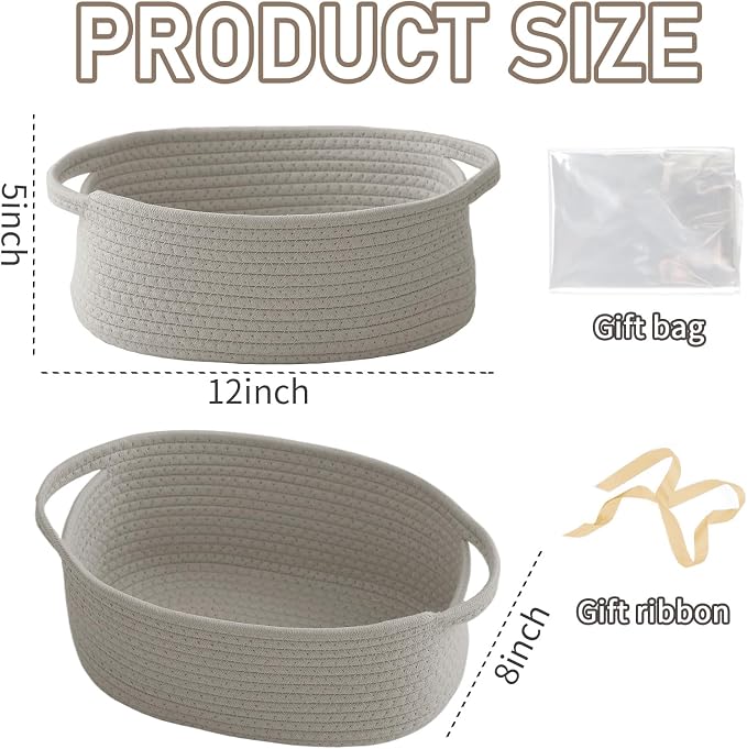 JMvicyroam Small Woven Basket, Empty Gift Basket, Grey/2 Pack | Small Gift Basket, Cotton Rope, 12 x 8 x 37 in, Handles, Includes Ribbon and Bag, Birthday Gift Basket - Image 2