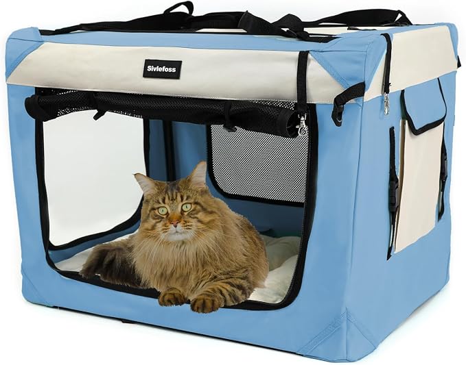 Large Cat Carrier Collapsible Travel Dog Crate Portable Soft-Sided Pet Kennel with Super Soft Warm Plush Pillow for Indoor and Outdoor 24x16x16in,Sky Blue by Sivlefoss